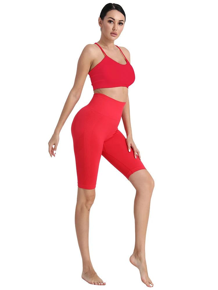 High Waist Push-Up Women's Fitness Short Set - Seamless Two-Piece Matching Outfit